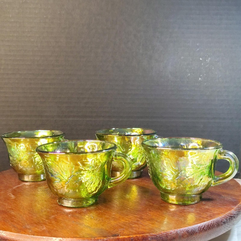 Indiana Glass Princess Green Carnival Glass Punch Cups Set of 4 Harvest Grape C